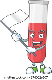 Cute cartoon character of red test tube holding white flag
