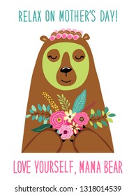 Cute cartoon character of relaxing mother bear with mask and curlers, Mother's Day card