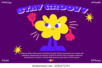 Cute cartoon character in retro style, funny bright doodle style mascot cloud. Vector illustration with typography elements