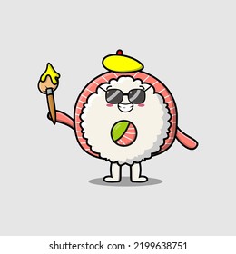 Cute cartoon character Rice sushi rolls sashimi painter with hat and a brush to draw