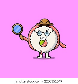 Cute cartoon character Rice sushi rolls sashimi detective is searching with magnifying glass