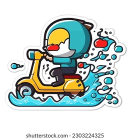 Cute cartoon character riding in the rain on a moped through puddles. cartoon vector illustration, white background, label, sticker