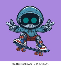 Lindo personaje de dibujos animados robot que lleva sudadera con capucha jugando Ilustración vectorial de tabla de skate.