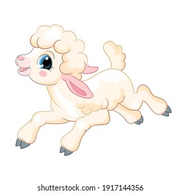 Cute cartoon character running lamb. Cute animal. Vector isolated illustration for postcard, posters, nursery design, greeting card, stickers or room decor, t-shirt, kids apparel, invitation, book