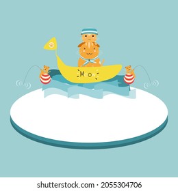 Personaje de dibujos animados que pesca en el barco con bandera de pata, maullido de texto y bola con fondo de capa de hielo oval blanca. este arte creativo para imprimir pancartas, iconos y tarjetas. ilustración vectorial.