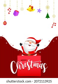 Cute cartoon character santa out of the christmas gift box. Vector illustration.