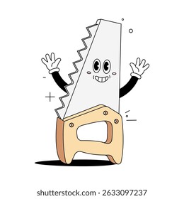 Cute cartoon character of a saw mascot with a smiling face, expressive eyes, and waving hand gesture.