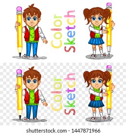 Cute cartoon character. Schoolboy and schoolgirl hold pencil in hand. Logo for school supplies. Fill on white background, on another gradient. White background transparent in EPS. Vector illustration.