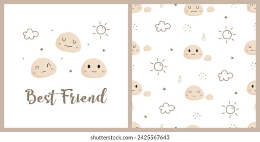 Cute cartoon character seamless pattern set. Vector illustration. Design for wallpaper, background, wrapping paper, clothes, kids apparel