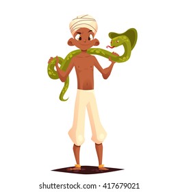 Cute Cartoon character of serpent-charmer.  Boy with snake vector illustration