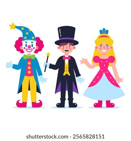 Cute Cartoon Character Set. Clown Magician and Princess. Flat vector illustration isolated on white background.