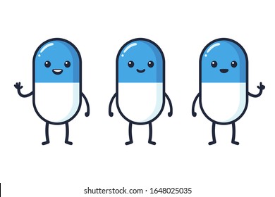 Cute cartoon character set, medicine pill pharmacy mascot. Smiling, waving and pointing pill with funny kawaii face. Vector clip art illustration.