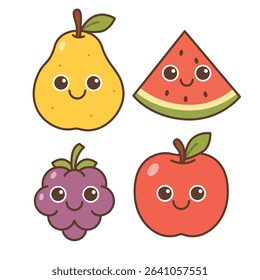 Cute Cartoon Character Set of Pear, Grape, Watermelon and Apple Fruits