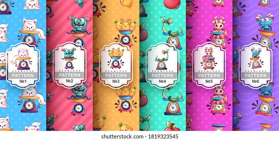 Cute cartoon character - set seamless pattern. Vector eps 10