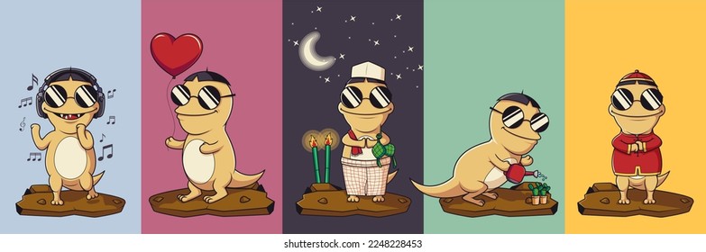 Cute Cartoon Character Set with Various Poses, Vector Illustration