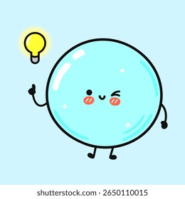 A cute cartoon character in the shape of a bubble winks with a light bulb, indicating a good idea. 