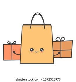 cute cartoon character shopping bag and boxes funny concept vector illustration