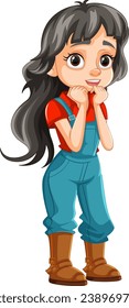 A cute cartoon character of a shy farmer girl wearing denim overalls