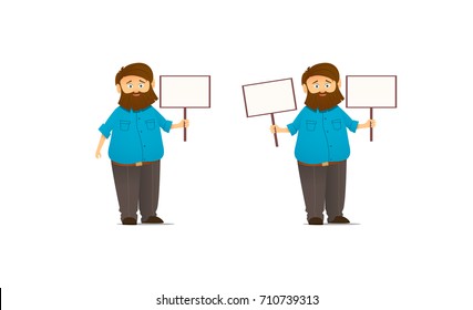 cute cartoon character with a sign in his hand. Blue shirt. Fat man. Hipter.
