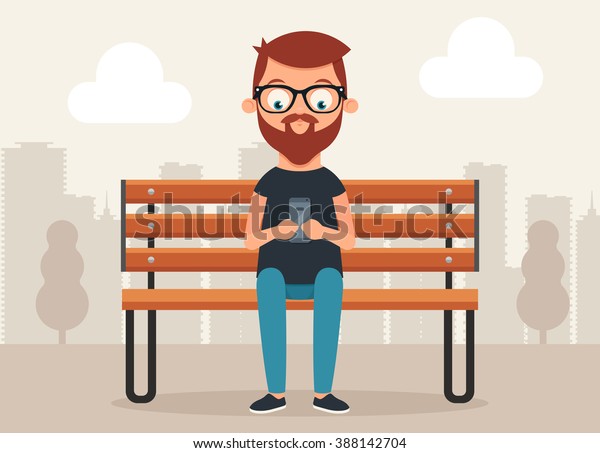 ベンチに座って 電話でネットサーフィンをするかわいい漫画のキャラクター ベクターイラスト のベクター画像素材 ロイヤリティフリー