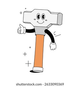 Cute cartoon character of a sledge hammer mascot with a smiling face, expressive eyes, and thumbs up gesture.