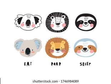 Cute cartoon character Sloth, Lion, Koala in scandinavian style. Boho vector print for baby  with sloth, Lion, Koala - Eat, Roar, Sleep