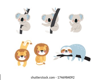 Cute cartoon character Sloth, Lion, Koala in scandinavian style. Boho vector print for baby  with sloth, Lion, Koala - Eat, Roar, Sleep
