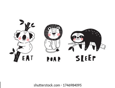 Cute cartoon character Sloth, Lion, Koala in scandinavian style. Boho vector print for baby  with sloth, Lion, Koala - Eat, Roar, Sleep