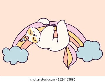 Cute cartoon character sloth unicorn funny vector illustration. T-shirt print graphic art.