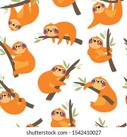 Cute cartoon character sloth/ Vector print with cute sloth bear in tropical leaves. Seamless pattern