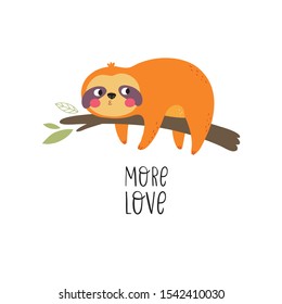 Cute cartoon character sloth/ Vector print with cute sloth bear in tropical leaves