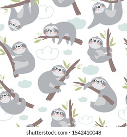 Cute cartoon character sloth/ Vector print with cute sloth bear in tropical leaves. Seamless pattern