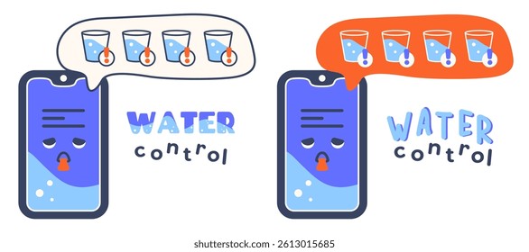 Cute Cartoon character Smartphone with message. Phone showing daily reminder to drink water. Smart device screen with hydration reminder. Alarm and Notification on phone about drinking water. Vector 