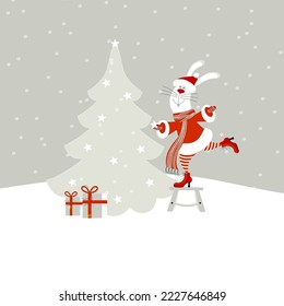 Cute cartoon character smiling bunny or hare santa claus decorating christmas tree. Editable flat style christmas and new year vector illustration