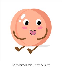 Cute cartoon character of a smiling peach with arms and legs sitting on a white background