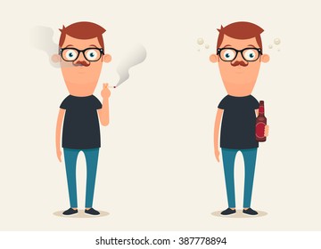 Cute Cartoon Character Smoking Cigarette and Drinking Alcohol. Vector Set