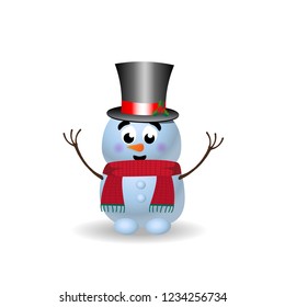 Cute cartoon character of snowman in top hat and red knitted scarf with hands up on white background. Vector illustration, icon, sign, symbol, template, clip art for christmas, new year greeting card.