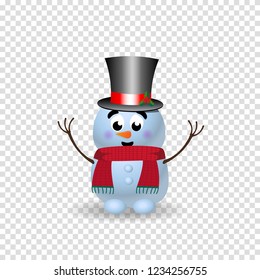 Cute cartoon character of snowman in top hat and red knitted scarf with hands up isolated. Vector illustration, icon, sign, symbol, template, clip art for christmas, new year greeting card.