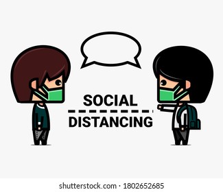 Cute cartoon character social distancing. Physical distancing when speaking, chatting in public places to protect from COVID-19. Illustration vector