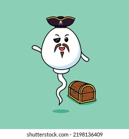Cute cartoon character Sperm pirate with treasure box in flat modern style design