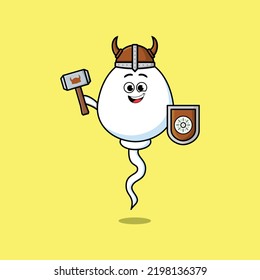 Cute Cartoon Character Sperm Viking Pirate With Hat And Holding Hammer And Shield