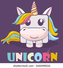 Cute cartoon character square unicorn and logo. Beautiful unicorn on a purple background. Unicorn with rainbow hair.