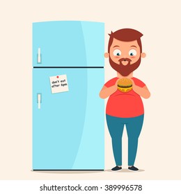 Cute Cartoon Character Standing Near the Fridge and Eating a Burger. Vector Illustration