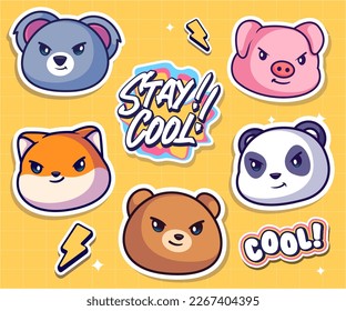 Cute cartoon character sticker pack. Vector comic illustration of panda, bear, pig, koala, shiba inu, on separate layers.