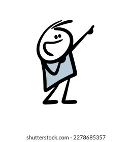 Cute cartoon character stickman points with his finger high above. Vector illustration of cute stick figure hand drawn boy showing the  direction.