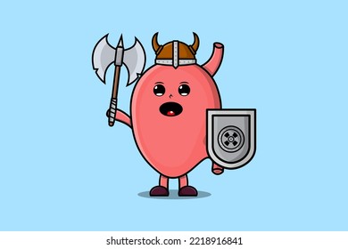 Cute cartoon character Stomach viking pirate with hat and holding ax and shield