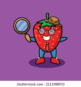 Cute cartoon character Strawberry detective is searching with magnifying glass and cute style design for t-shirt, sticker, logo element