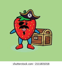 Cute cartoon character Strawberry pirate with treasure box in modern style design for t-shirt, sticker logo element