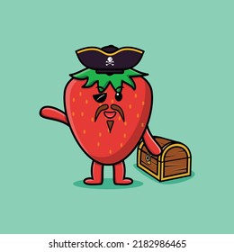 Cute cartoon character Strawberry pirate with treasure box in modern style design