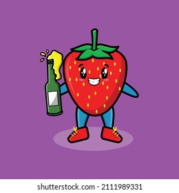 Cute cartoon character Strawberry with soda bottle in modern cute style design for t-shirt, sticker, logo element for t-shirt, sticker, logo element